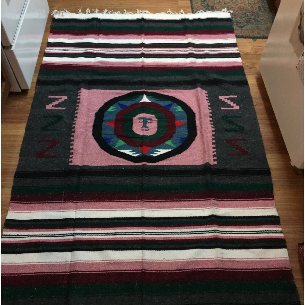 Vintage Handmade Mexican Aztec Pictorial Sun God Multicolor Rug Carpet 78